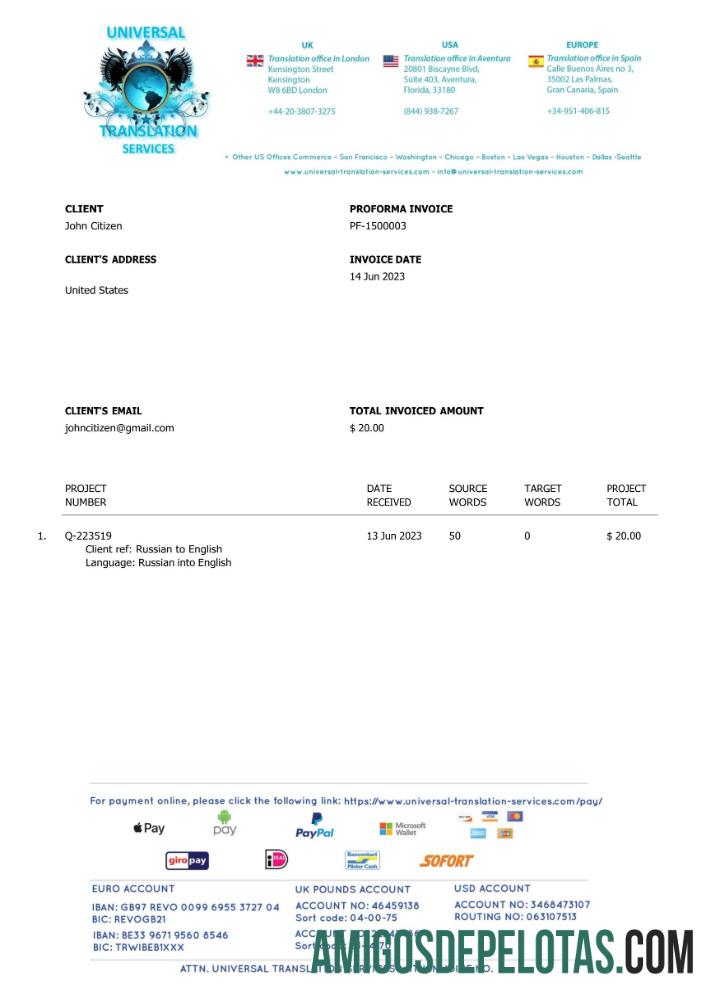 realista Modelo Word e PDF de fatura de serviços de tradução universal dos EUA